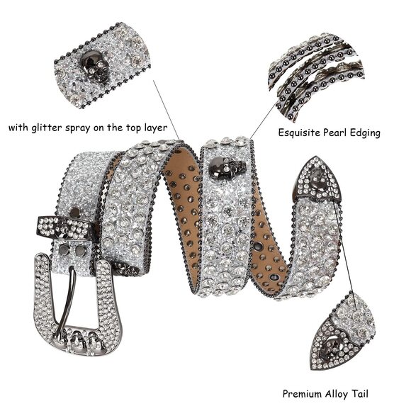 6125 Rhinestones Belt For Men Women, Skulls Western Leather Belts Shining - Picture 4 of 5
